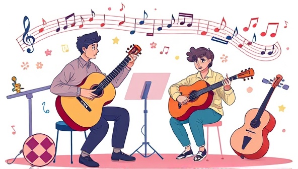 An energetic digital illustration of a virtual music mentoring session, featuring a mentor guiding a mentee through a musical piece on their respective instruments, surrounded by musical notes and instruments, creating a dynamic and collaborative learning environment.