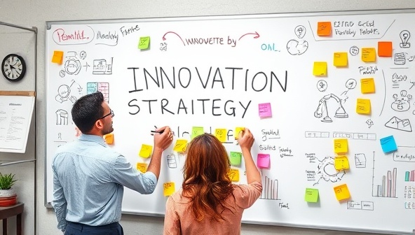 A creative brainstorming session on innovation strategy, with professionals sketching ideas on a whiteboard, surrounded by colorful post-it notes, innovation tools, and industry trend reports, reflecting a dynamic and forward-thinking approach to innovation.