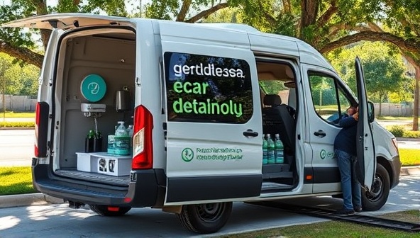 A mobile car detailing van equipped with eco-friendly cleaning products, showcasing a clean and shiny vehicle exterior under the shade of a tree, emphasizing the business's commitment to sustainability and convenience.