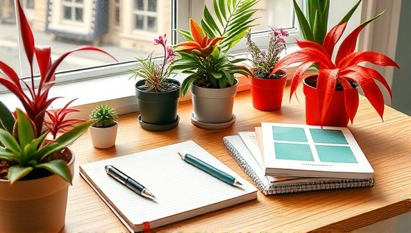 A colorful and inspiring desktop setup with a notebook, pen, and a stack of creative writing prompts, surrounded by vibrant plants and natural light, evoking a sense of imagination and productivity.