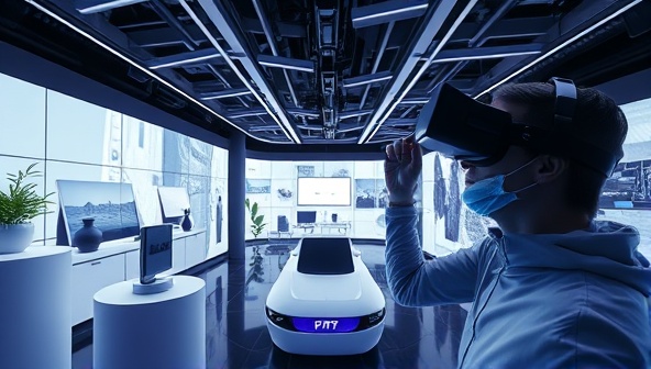 An immersive VR environment with a user exploring a virtual showroom of products, interacting with 3D models and experiencing the brand in a futuristic and engaging setting, highlighting the potential of VR for marketing.