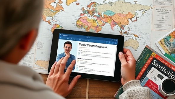A virtual consultation session in progress, with a travel expert sharing travel recommendations and itinerary suggestions on a digital device, surrounded by world maps and travel guides, conveying the expertise and personalized service of WorldWise Wanderer.