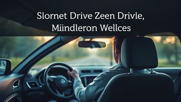 A serene and calming image featuring a driver meditating in a parked car, surrounded by nature, with soft lighting and relaxing colors, promoting a sense of peace and mindfulness while driving with DriveZen Wellness.