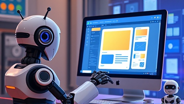 An artistic visualization of a chatbot interacting with a designer on a digital screen, providing design suggestions and previews in a dynamic and engaging manner, symbolizing the collaborative and interactive nature of BotDesign Studio's chatbot-powered web design consultancy services in a visually stimulating depiction.