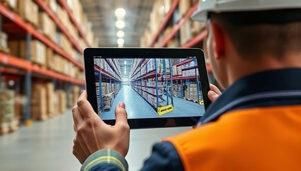 An inspector conducting a virtual warehouse inspection through a tablet, showing detailed views of storage racks, inventory organization, and safety compliance, creating a seamless remote inspection experience.