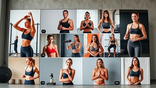 A professional influencer agency setup featuring a virtual talent showcase with fitness influencers showcasing workout routines, product endorsements, healthy recipes, and motivational content, highlighting the diverse and influential talent pool represented by Fitfluence Agency.