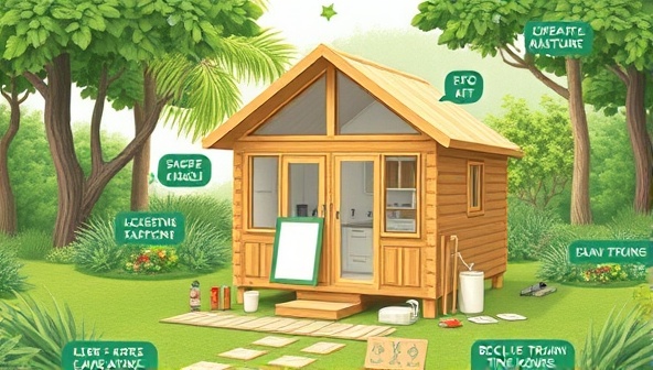 An illustration of a compact eco-friendly tiny home kit displayed in a lush green setting, with components neatly arranged and labeled, highlighting the simplicity and sustainability of the DIY building process.