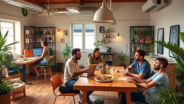 A vibrant co-living space with diverse residents collaborating in a communal workspace, enjoying a shared meal in a cozy dining area, and participating in a group brainstorming session, illustrating the collaborative and community-driven environment fostered by NomadNest Living for remote working professionals.