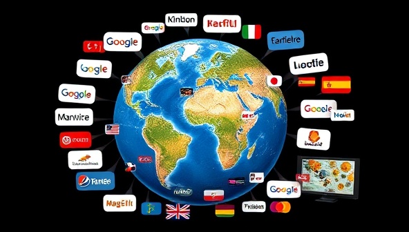An artistic representation of a globe surrounded by multilingual content bubbles in various languages, with virtual teams collaborating across borders and digital screens displaying localized marketing materials, symbolizing the global reach and linguistic expertise of GlobalVirtuLingo in content localization services for businesses worldwide.