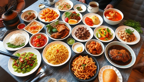 An array of colorful and delectable dishes from around the world displayed on a virtual tasting experience table, accompanied by cultural symbols and culinary tools, creating an enticing and immersive ambiance for TasteVentures Tours' virtual culinary adventures.