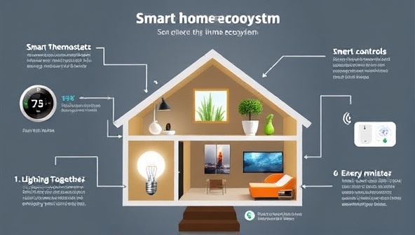 An engaging visual of a smart home ecosystem featuring interconnected devices like smart thermostats, lighting controls, and energy monitors working seamlessly together to optimize energy usage and enhance home comfort, illustrating the benefits of a smart and sustainable living environment.