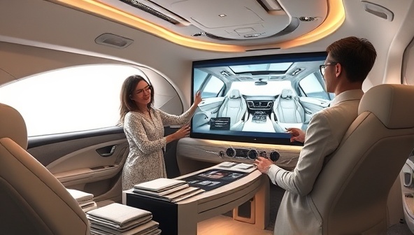 An elegant and sophisticated image of a virtual interior design consultation session, featuring a designer presenting digital renderings of luxurious car interiors on a large screen, surrounded by swatches of premium fabrics and materials for inspiration, creating a luxurious and personalized atmosphere.