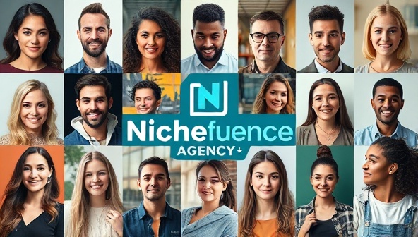 An eye-catching collage featuring diverse micro-niche influencers from different industries or interests, each symbolizing a specific niche market, and the Nichefluence Agency logo integrated creatively into the design, representing the agency's specialization in niche influencer marketing.