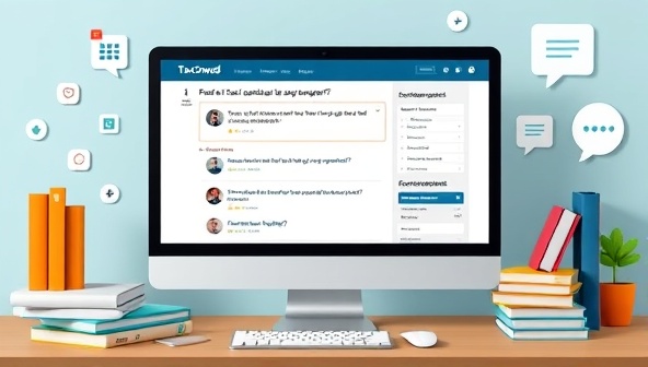 An interactive digital platform design with users posting tax questions and receiving real-time responses from a diverse group of tax experts, displayed on a computer screen surrounded by tax law books, calculator icons, and community feedback bubbles, illustrating collaborative tax knowledge-sharing on TaxCrowd Queries.