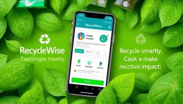 A vibrant and engaging image showing a smartphone screen displaying the RecycleWise app interface with recycling tips, nearby recycling centers, and a progress tracker, surrounded by green leaves and recycling symbols, encouraging users to recycle smartly and make a positive impact.