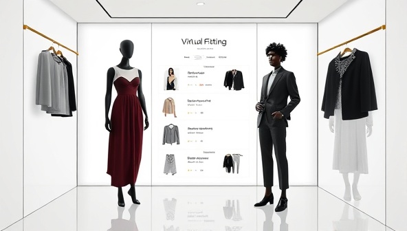 An elegant virtual fitting room interface displaying a user's customized fashion recommendations, along with a digital stylist avatar providing fashion tips and outfit suggestions, creating a seamless and personalized shopping experience.