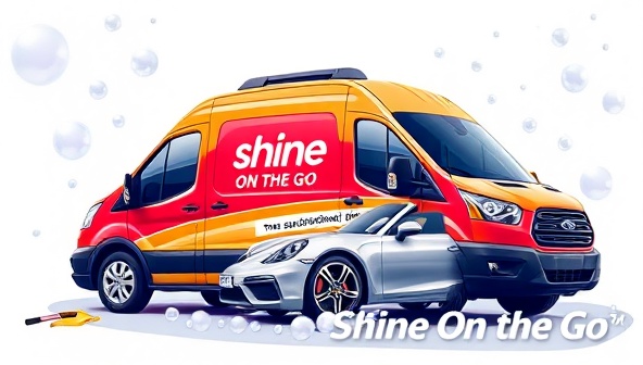 A vibrant and dynamic graphic showcasing a mobile detailing van parked in front of a luxurious car, surrounded by bubbles and cleaning tools, symbolizing the convenience and quality of the Shine On The Go subscription service in transforming cars to pristine conditions.