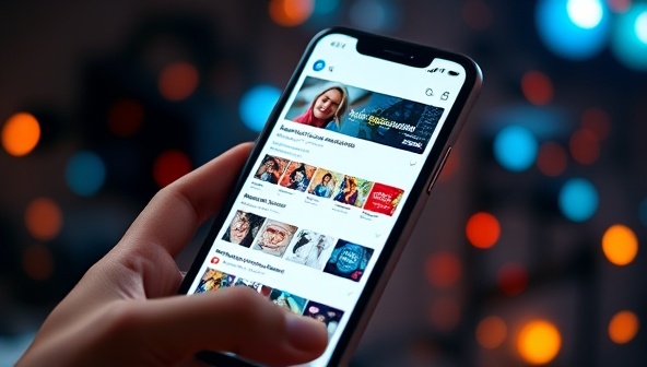 An engaging visual of a smartphone screen displaying a social media feed with AI-optimized posts that seamlessly blend with organic content, showcasing increased user engagement and interactions, creating a dynamic and captivating online experience.