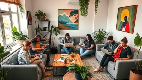 A diverse group of digital nomads collaborating on laptops in a stylish co-living space, surrounded by modern furnishings, indoor plants, and vibrant artwork, reflecting the communal and productive environment of NomadNest Co-Liv.