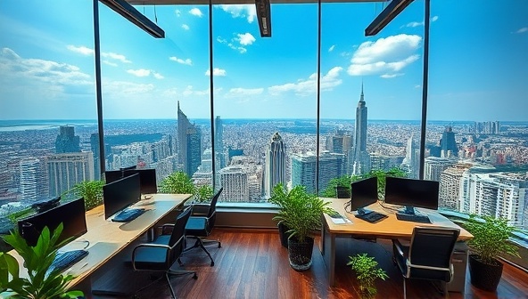 An innovative co-working space with panoramic views of a bustling cityscape, modern ergonomic workstations, vibrant greenery, and collaborative zones, creating a dynamic and inspiring work environment for digital nomads and remote professionals on the move.