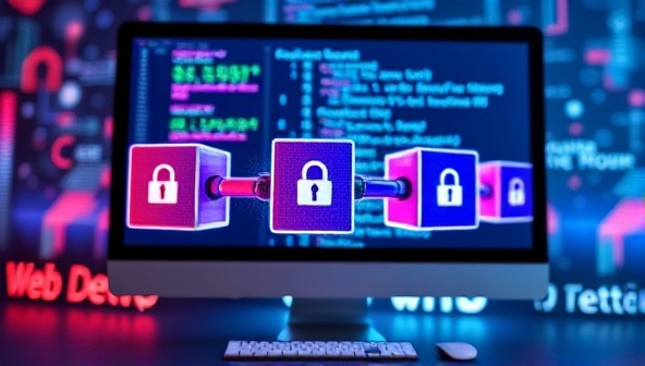 A futuristic visual representation of digital contract blocks connecting and forming a secure chain on a computer screen, with design elements and coding symbols in the background, symbolizing the integration of blockchain technology and web design contracts at ChainDesign Contracts.