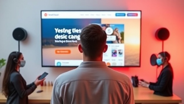 An individual using a smart speaker to command website design changes on a large screen, surrounded by virtual assistants executing design updates based on voice instructions, illustrating the seamless and innovative VoiceDesign platform.