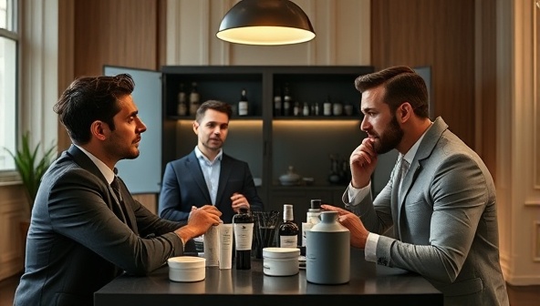 An image featuring a stylish and masculine virtual skincare masterclass setup with male skincare experts demonstrating grooming techniques and recommending products, creating an inclusive and tailored skincare experience for men.