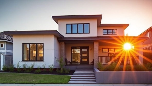 A visually captivating real estate photo of a modern home exterior bathed in golden sunlight, showcasing the architectural details, landscaping, and curb appeal of the property, highlighting the quality of VisuEstate Media's photography services.