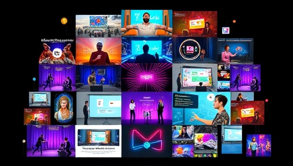 A vibrant digital collage showcasing various virtual event themes, interactive elements, and engagement tools, symbolizing innovation and creativity in event planning.