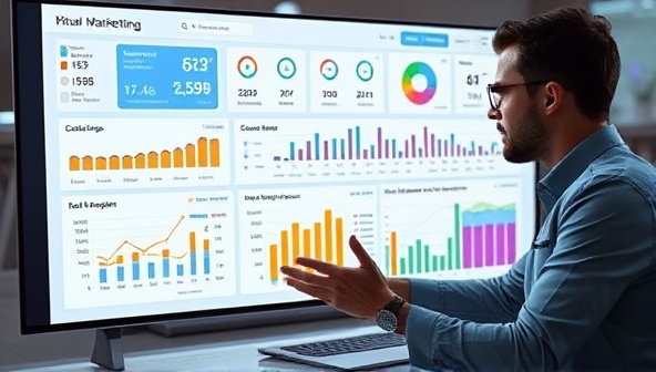 A virtual marketing dashboard displaying real-time campaign metrics, graphs, and engagement data, with a strategist analyzing the results and making strategic decisions, symbolizing data-driven and impactful digital marketing consultancy services.