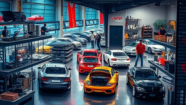 An artistic portrayal of a virtual car modification marketplace, featuring a diverse array of custom car designs, modification specialists collaborating with clients, and a vibrant community of car enthusiasts sharing ideas and inspiration, symbolizing creativity, collaboration, and automotive personalization.