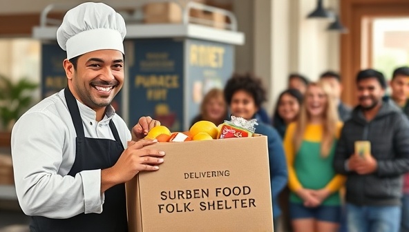 A heartwarming graphic showing a restaurant chef smiling while packing a box of surplus food, with a diverse group of volunteers ready to deliver the donations to a local shelter, symbolizing community unity and compassion.
