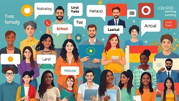An artistic collage featuring diverse individuals engaged in virtual language exchange sessions, with speech bubbles in different languages, cultural symbols, and interactive learning tools, illustrating a vibrant and inclusive language learning community.