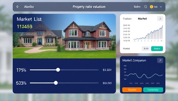 An engaging digital interface displaying a property image with overlaid valuation data, interactive sliders for adjusting property features, and a comparison tool showing market trends, conveying accuracy and efficiency in property valuation.