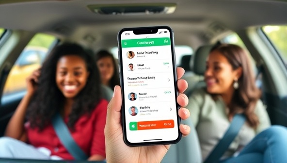 A smartphone displaying the CommuteConnect app interface with user profiles, route matching options, and real-time carpooling requests, surrounded by diverse commuters sharing a ride in a car, emphasizing the convenience and community-building aspects of the carpool matching service.