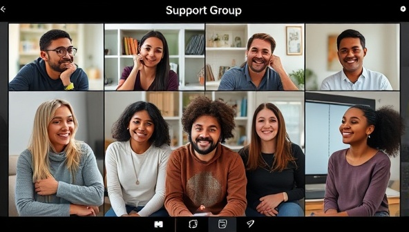 A virtual support group session with diverse participants sharing experiences and connecting in a safe and supportive online environment, guided by a professional counselor, conveying empathy, solidarity, and a sense of community in mental health advocacy.