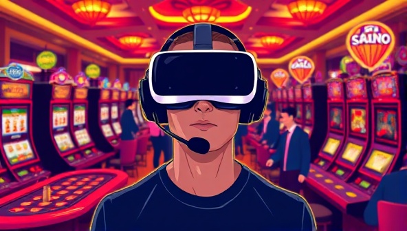 An illustration of a person wearing a VR headset, surrounded by virtual casino tables, slot machines, and other players, capturing the excitement and immersion of the VR casino experience.