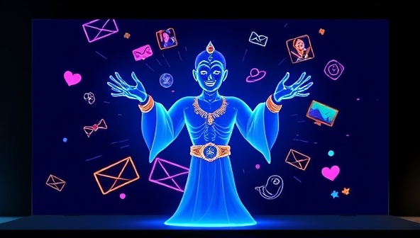 An AI-powered genie emerging from a digital screen, surrounded by various personalized video content elements floating in the air, symbolizing the magic of customizable and engaging video content created by VidGenie AI.