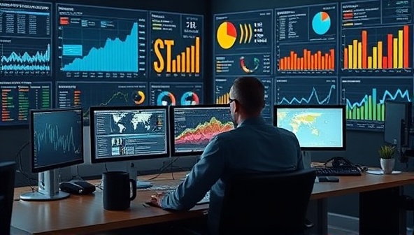 An office setting with analysts working on computers, analyzing mining data visualizations and generating insights, surrounded by charts and graphs depicting operational trends and performance metrics, illustrating the power of data analytics in mining consultancy.