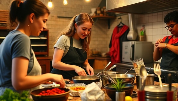 An enticing image of a traveler participating in a hands-on cooking class with a local chef, surrounded by colorful spices, fresh ingredients, and cooking utensils, capturing the essence of immersive culinary experiences offered by Flavors of the World Tours.