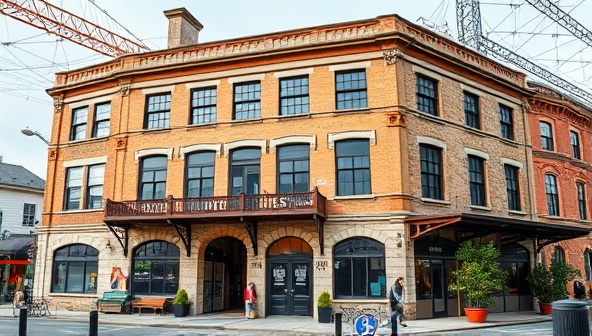 An image of a beautifully restored historic building transformed into a modern workspace, showcasing the blend of old architectural elements with contemporary design features, illustrating the concept of adaptive reuse.