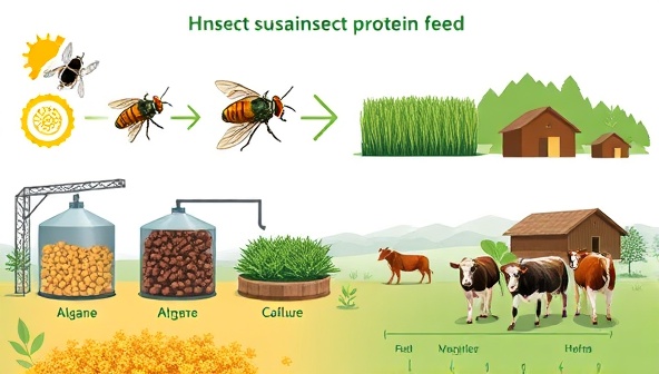 An illustration showcasing the sustainable production process of insect protein feed, with images of black soldier fly larvae, algae cultivation tanks, and a cattle farm, symbolizing the eco-friendly approach to livestock nutrition and farming practices.