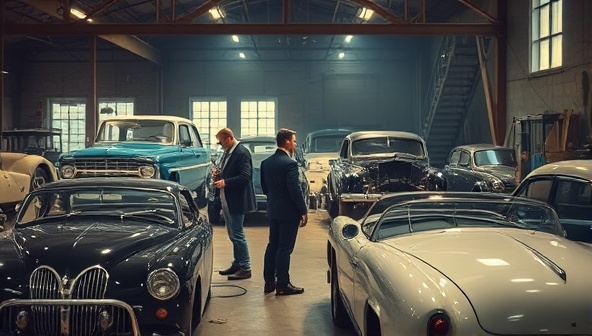 An atmospheric image of a vintage car workshop filled with classic cars in different stages of restoration, tools and equipment scattered around, and a consultant discussing restoration plans with a client, capturing the nostalgic and artisanal essence of RetroRevive Consultancy.