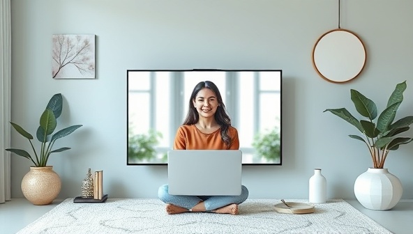 A serene virtual therapy session setup with a mental health counselor providing support to a client via video call, surrounded by calming nature visuals, mindfulness tools, and relaxation aids, promoting mental well-being and self-care in a comforting environment.