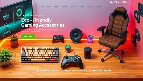 An online store homepage featuring a vibrant display of eco-friendly gaming accessories, including bamboo keyboards, recycled plastic controllers, and biodegradable gaming chairs, showcasing a sustainable and stylish gaming setup.