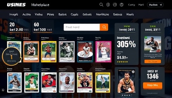 An immersive online marketplace interface featuring a diverse collection of rare and valuable trading cards, auction countdowns, investment performance indicators, and authentication guarantees, creating a dynamic and engaging environment for collectors and investors to explore and trade coveted cards.