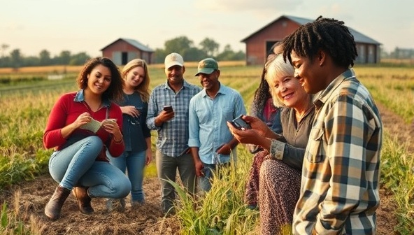 An engaging visual featuring a diverse group of agricultural influencers creating content on a farm, capturing the essence of authentic storytelling and community-building in HarvestHues Creations' influencer campaigns.