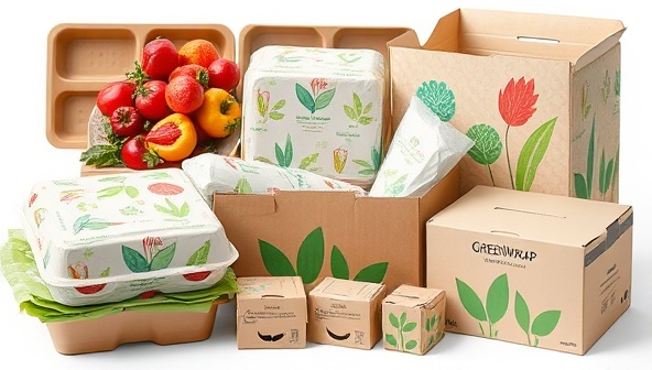 An assortment of eco-friendly agricultural packaging materials featuring biodegradable trays, compostable wraps, and recyclable cardboard boxes with vibrant plant motifs, conveying the sustainability and earth-friendly ethos of GreenWrap Innovations.