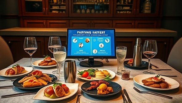 An artistic tabletop setting showcasing a variety of food platters, wine glasses, cocktail shakers, and tasting notes, with a digital screen displaying a virtual pairing session in progress, creating a dynamic and immersive experience for participants exploring new culinary and beverage combinations.