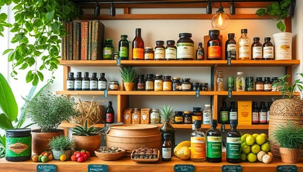 An inviting and nature-inspired e-commerce marketplace showcasing a variety of natural remedies, herbal supplements, and wellness products from different vendors, creating a holistic and inclusive health hub.